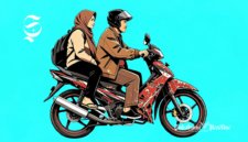 Ilustrasi sepasang suami istri naik Honda Supra X - sukabumiheadline.com