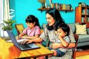 Ilustrasi wanita orang tua tunggal sedang bekerja sambil mengasuh dua anak - sukabumiheadline.com