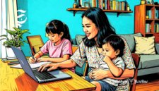 Ilustrasi wanita orang tua tunggal sedang bekerja sambil mengasuh dua anak - sukabumiheadline.com