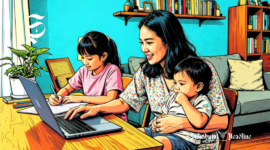 Ilustrasi wanita orang tua tunggal sedang bekerja sambil mengasuh dua anak - sukabumiheadline.com
