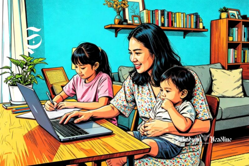 Ilustrasi wanita orang tua tunggal sedang bekerja sambil mengasuh dua anak - sukabumiheadline.com