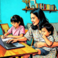 Ilustrasi wanita orang tua tunggal sedang bekerja sambil mengasuh dua anak - sukabumiheadline.com