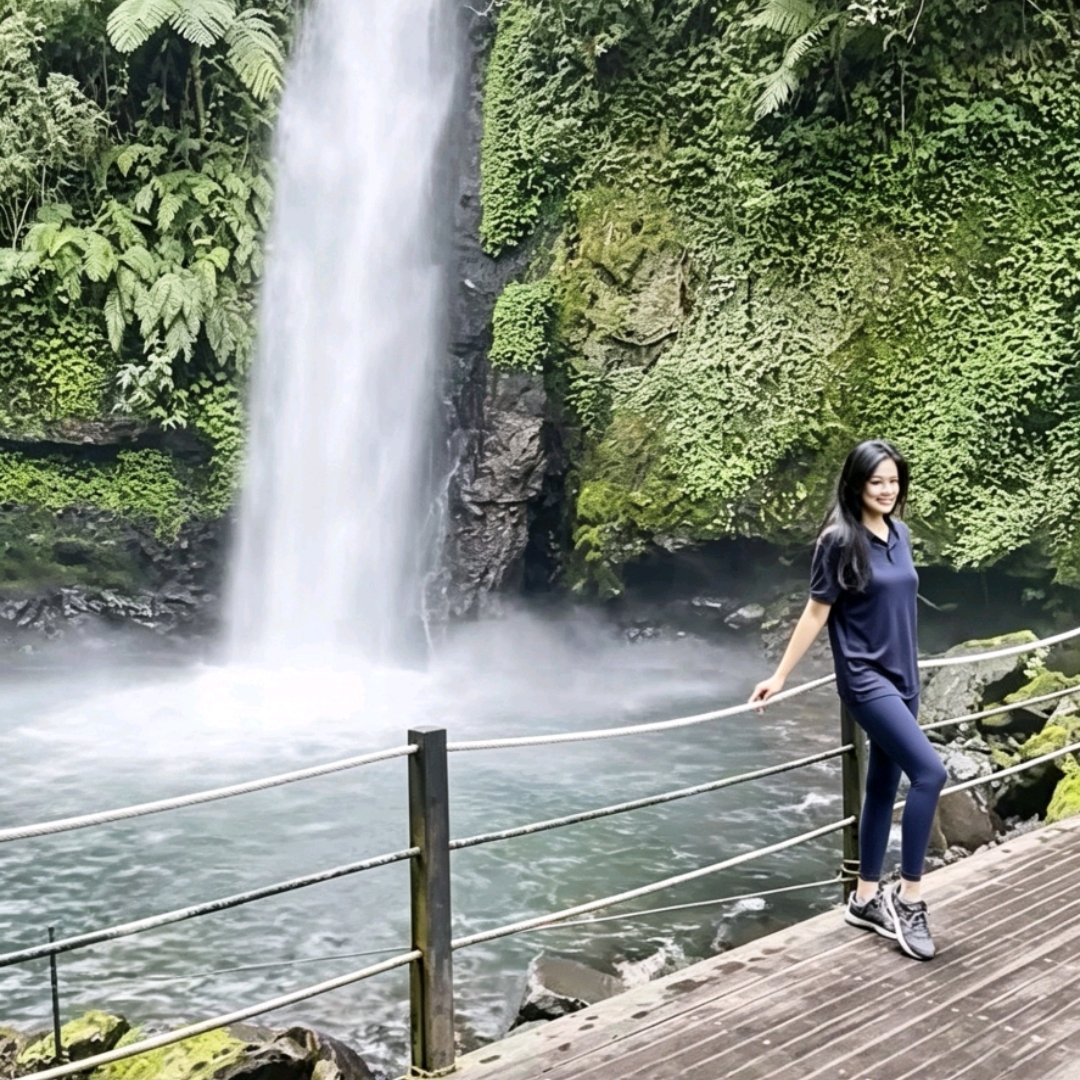 Titi Kamal berpose dengan latar Curug Sawer, Situ Gunung - @titi_kamall