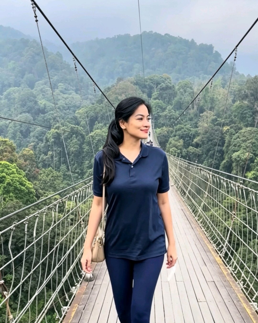Titi Kamal memandang pepohonan dari Jembatan Gantung Situ Gunung - @titi_kamall