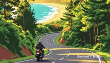 Ilustrasi berwisata ke pantai naik sepeda motor melewati jalan mulus berkelok dan melewati hutan - sukabumiheadline.com