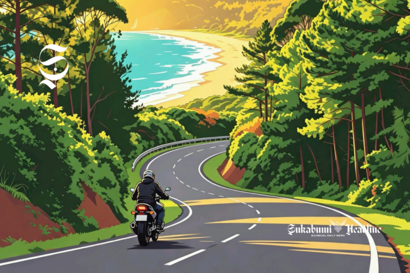 Ilustrasi berwisata ke pantai naik sepeda motor melewati jalan mulus berkelok dan melewati hutan - sukabumiheadline.com