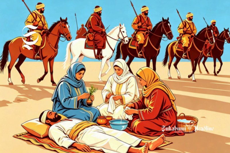 Ilustrasi muslimah perawat mengobati korban pertempuran - sukabumiheadline.com