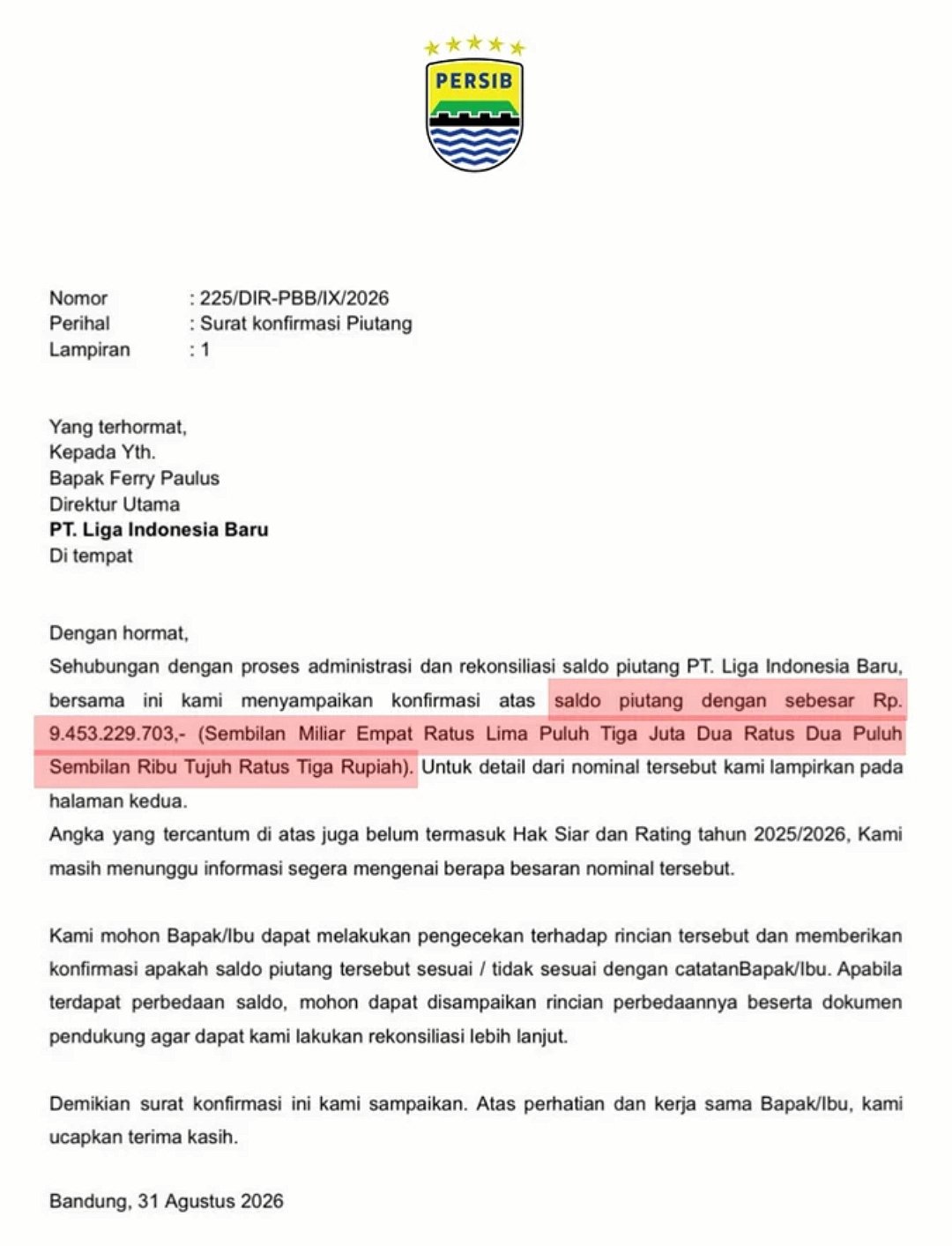 Soal surat Persib tagih utang ke PT LIB Rp9,4 miliar 1 Muncul surat Persib tagih utang ke PT LIB Rp9,4 miliar