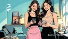 Ilustrasi dua remaja perempuan sedang memainkan smartphone - sukabumiheadline.com