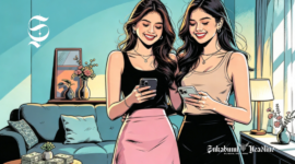 Ilustrasi dua remaja perempuan sedang memainkan smartphone - sukabumiheadline.com