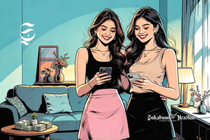 Ilustrasi dua remaja perempuan sedang memainkan smartphone - sukabumiheadline.com