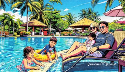 Ilustrasi keluarga berwisata ke kolam renang - sukabumiheadline.com