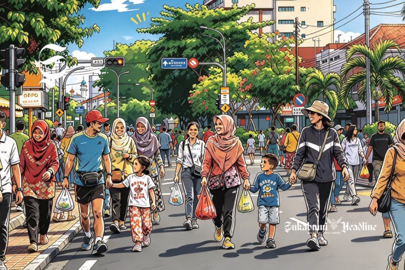 Ilustrasi orang-orang sedang mengikuti car free day dengan berjalan kaki santai di jalan raya - sukabumiheadline.com