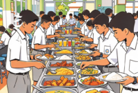 Ilustrasi pelajar sedang mengambil makan secara prasmanan - sukabumiheadline.com
