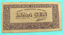 Oeang Republik Indonesia pecahan 5 sen - Ist
