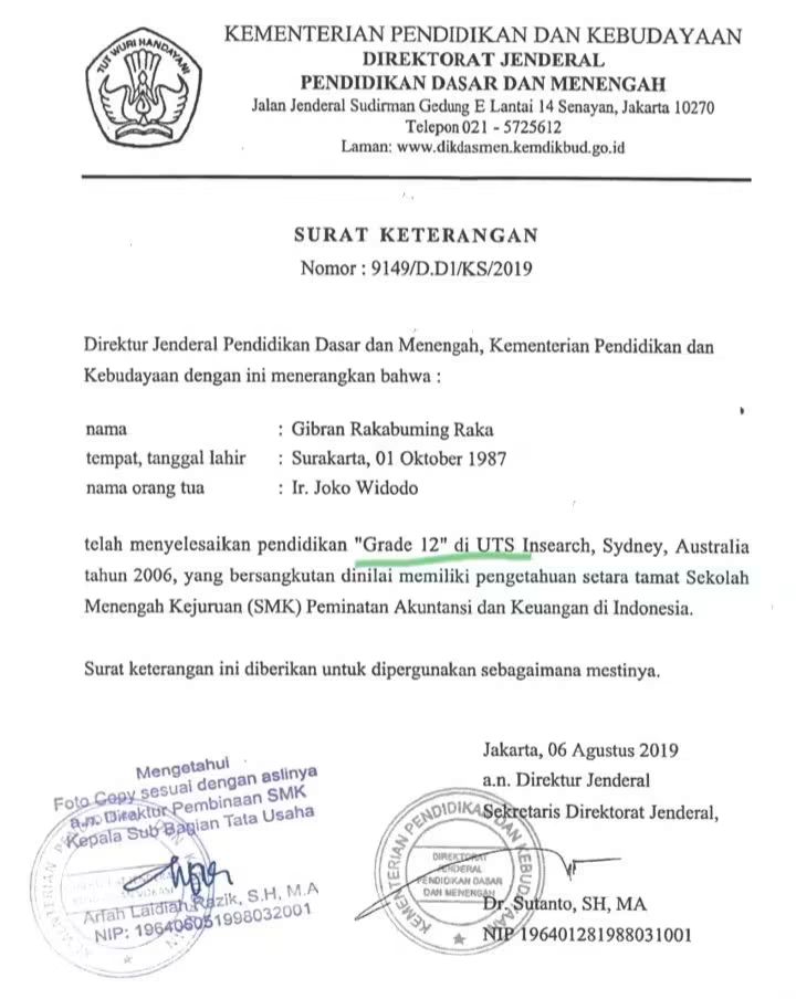Surat Keterangan dari Kemendikbud tentang Ijazah Gibran Rakabuming Raka - Tere Liye