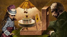 Animasi Pantomimes Lumineuses karya Charles - 
19th century illustration of a praxinoscope theatre. In 1876, Reynaud, a French inventor, created the Praxinoscope, an improvement of the Zoetrope. The Praxinoscope replaced the narrow viewing slits of the Zoetrope with an inner circle of 12 mirrors (equal to the number of images), allowing a clearer and less distorted view of the moving image. Several people could watch the performance at the same time. After Reynaud licensed his invention in 1877, it sold well in a number of the large Paris department stores.This improved version included a glass viewing screen which allowed the moving image to be superimposed over a changeable background. He continued to improve the design and in 1880 created the first projection version. The Projection Praxinoscope used a lantern to project the moving images onto a small screen, allowing a larger audience to view it.